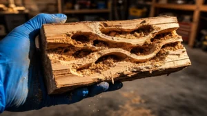 Main gantée tenant un morceau de bois de pin fendu révélant les galeries creusées par des larves de capricorne