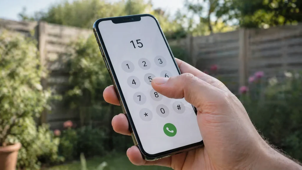 Main composant le numéro 15 sur un smartphone dans un jardin pour appeler le SAMU
