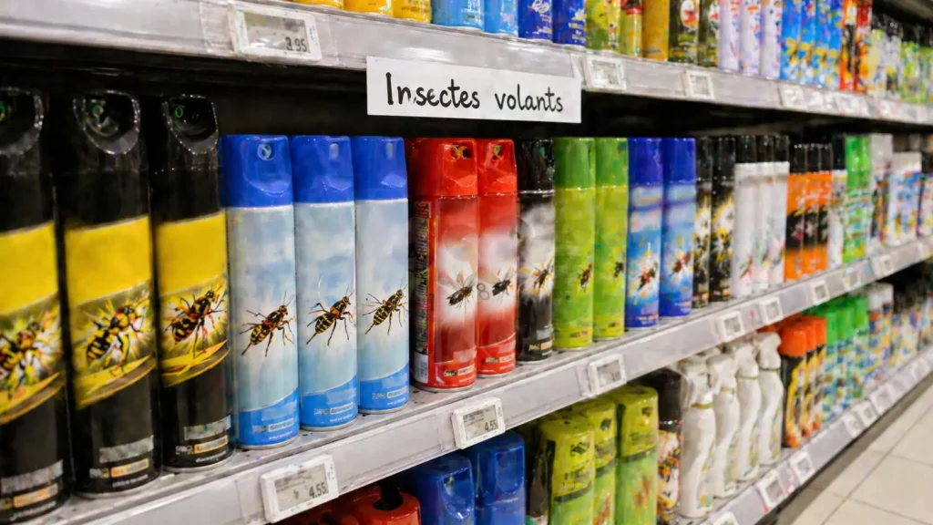Rayon d'aérosols insecticides en supermarché français inefficaces contre les nids de frelon asiatique