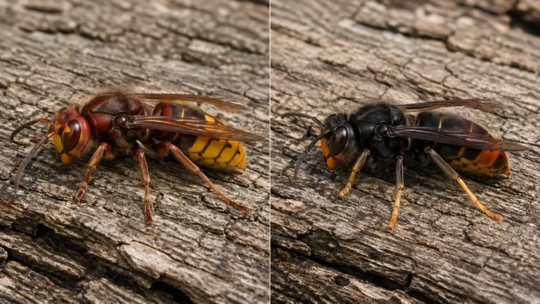 Frelon européen et frelon asiatique côte à côte sur écorce de chêne pour comparaison visuelle