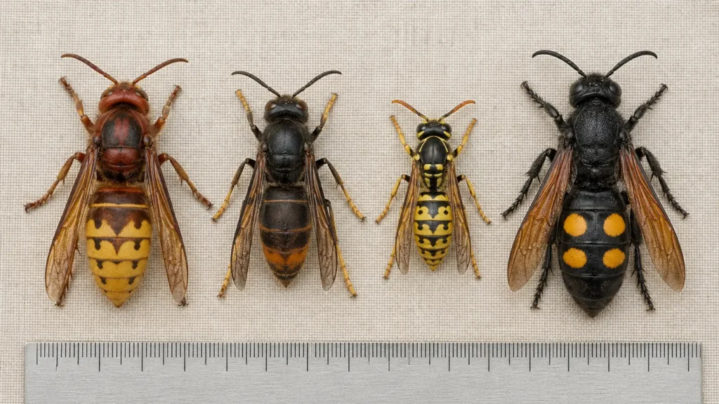 Comparaison de quatre insectes : frelon européen, frelon asiatique, guêpe commune et scolie sur fond beige