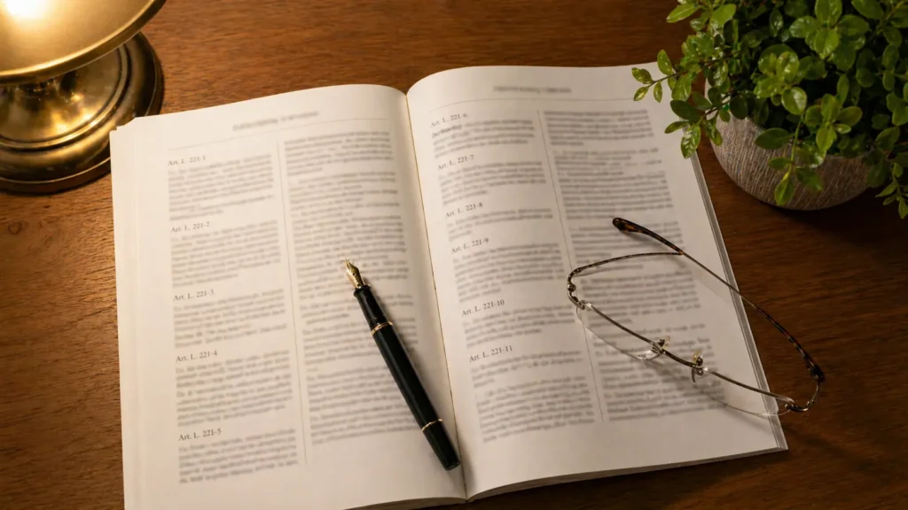 Texte législatif français ouvert sur un bureau avec stylo et lunettes pour la consultation juridique