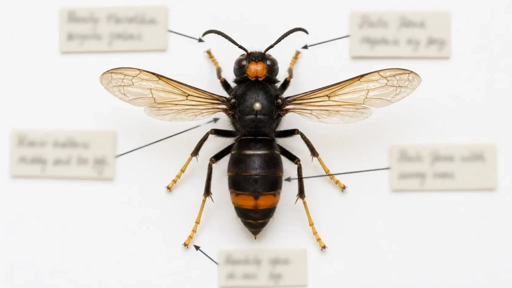 Spécimen de frelon asiatique épinglé sur planche d'identification entomologique avec annotations