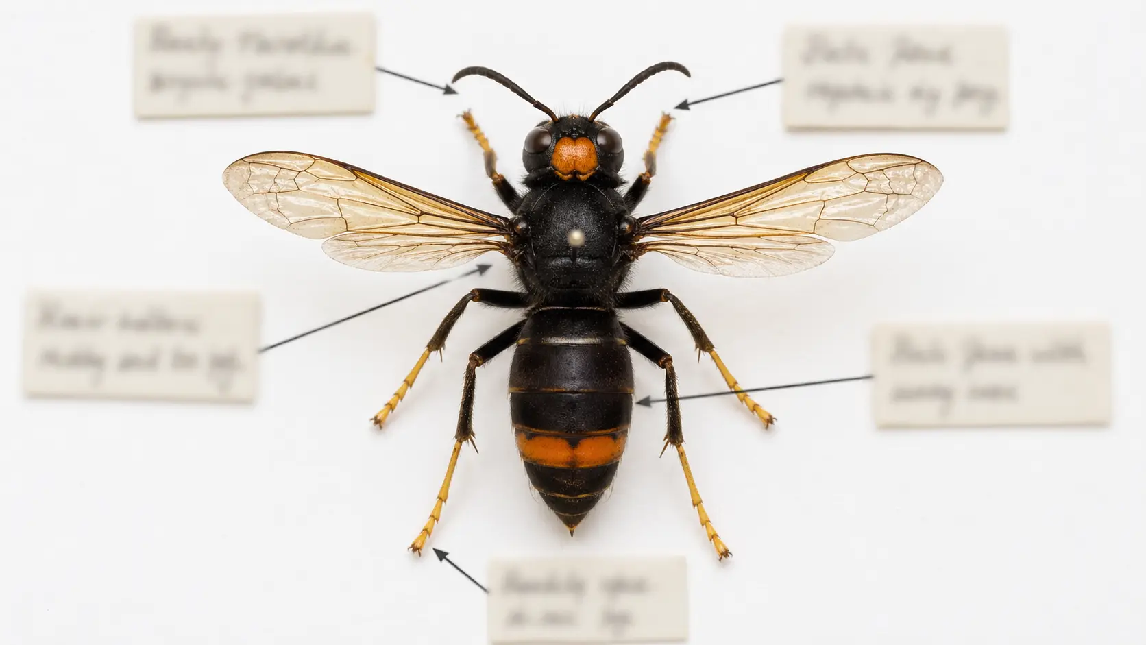 Spécimen de frelon asiatique épinglé sur planche d'identification entomologique avec annotations