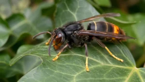 Frelon asiatique Vespa velutina sur une feuille de lierre montrant son thorax noir et ses pattes jaunes