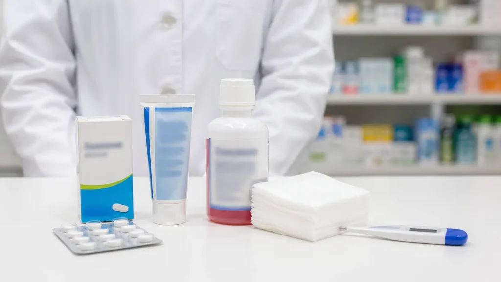 Trousse de soins après piqûre d'insecte sur comptoir de pharmacie française