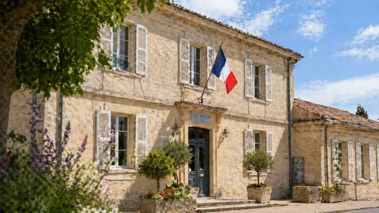 Façade d'une mairie française avec drapeau tricolore, lieu de signalement officiel des nids de frelon asiatique