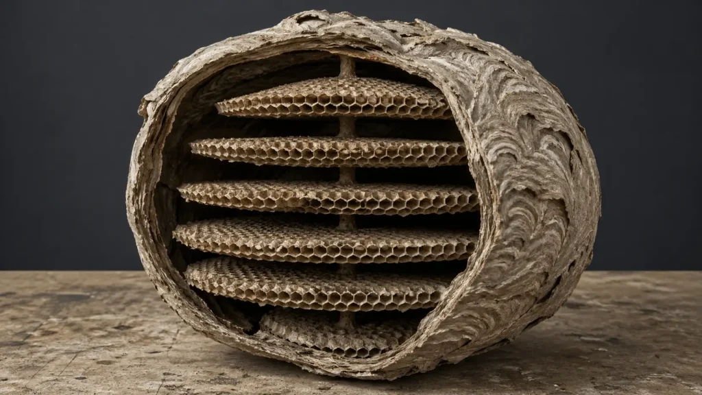 Coupe d'un nid de frelon asiatique vide montrant les galettes internes et les alvéoles hexagonales