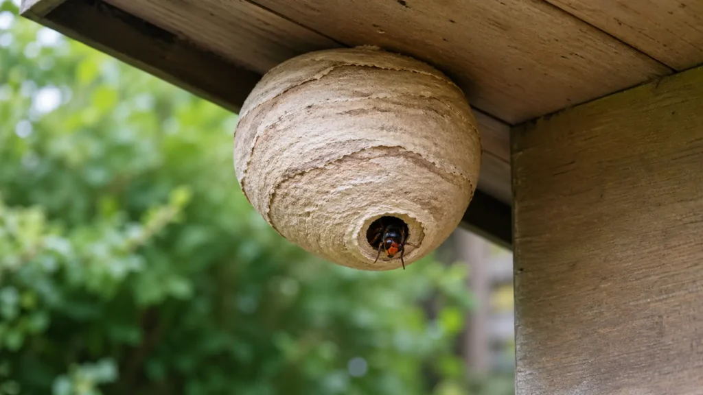 Petit nid primaire de frelon asiatique de 8 cm sous l'avancée d'un abri de jardin avec la reine à l'entrée