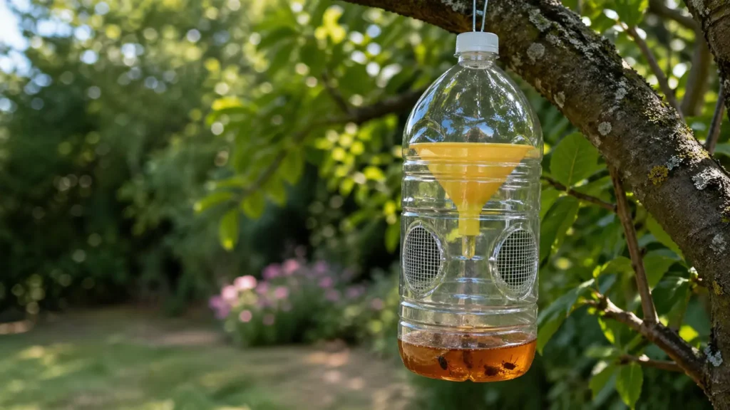 Piège sélectif maison à frelon asiatique en bouteille avec grilles latérales suspendu à une branche
