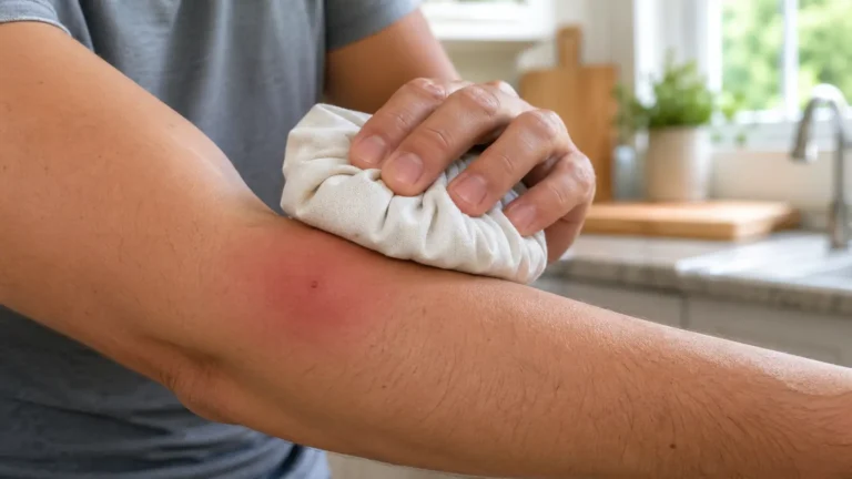 Application de glace sur une piqûre de frelon asiatique au bras avec inflammation locale modérée