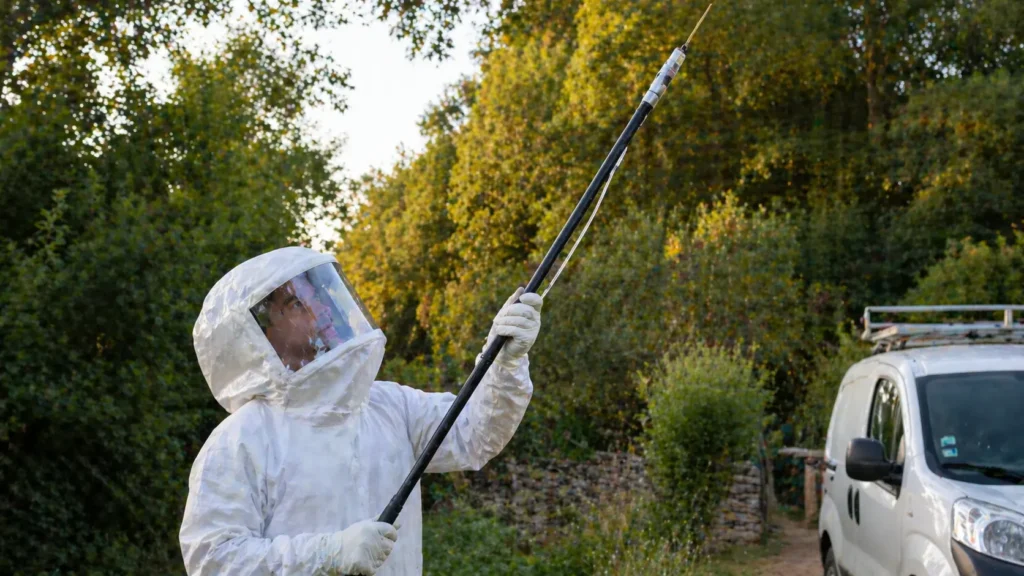Technicien anti-nuisibles en scaphandre intégral avec perche télescopique pour destruction de nid de frelon