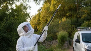Technicien anti-nuisibles en scaphandre intégral avec perche télescopique pour destruction de nid de frelon