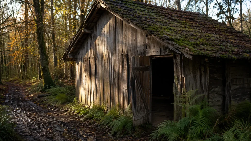Grange abandonnée dans une forêt française du nord-est, type de lieu à risque pour l'exposition au hantavirus Puumala via les rongeurs forestiers