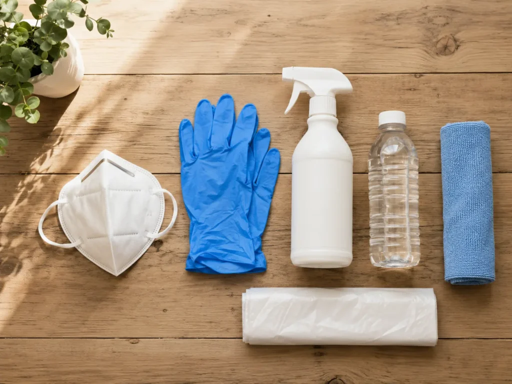 Kit de protection sanitaire pour le nettoyage d'une cave ou d'un grenier : masque FFP2, gants en nitrile, pulvérisateur d'eau de Javel diluée