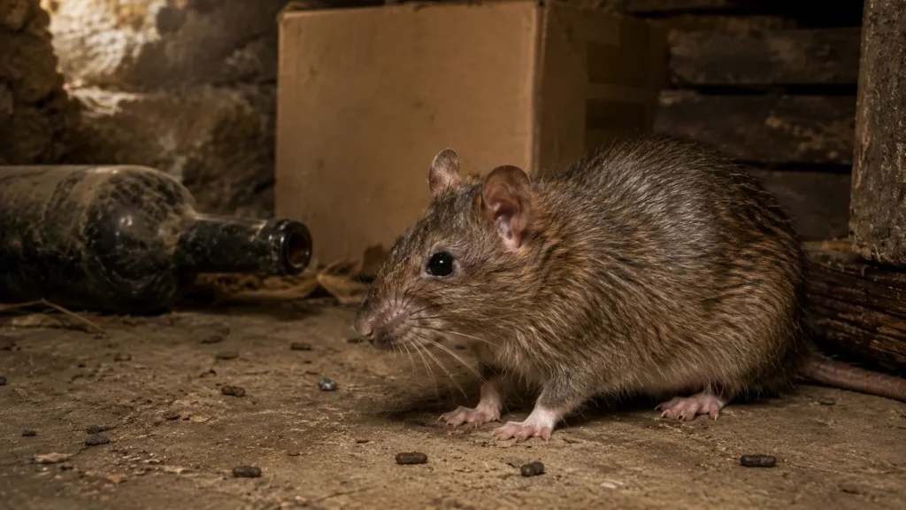Rat brun dans une cave française, rongeur potentiellement vecteur du hantavirus de souche Seoul en milieu urbain