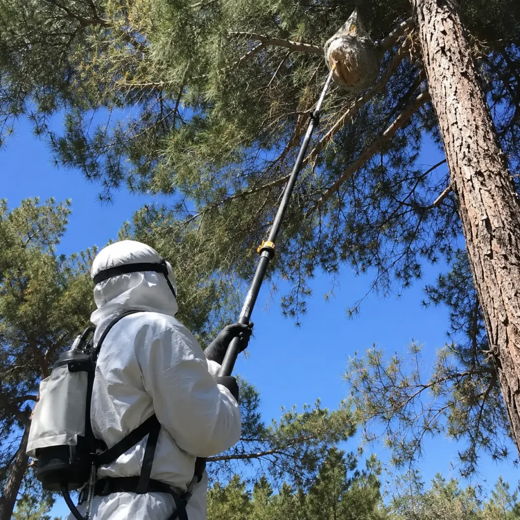 Technicien Super Nuisibles traitant un nid de chenilles processionnaires en Sud Yvelines