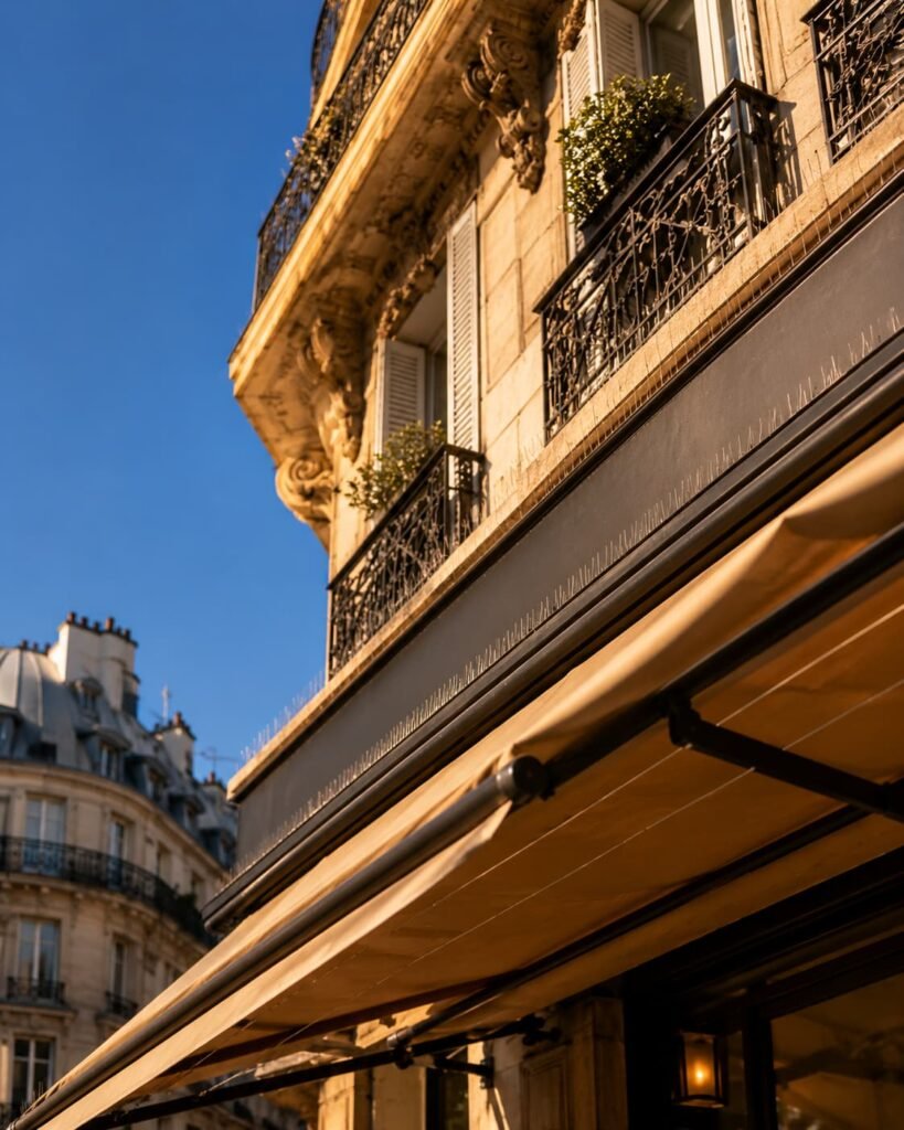 Pics et fils anti-pigeons installés en hauteur sur la façade au-dessus d'une terrasse de restaurant