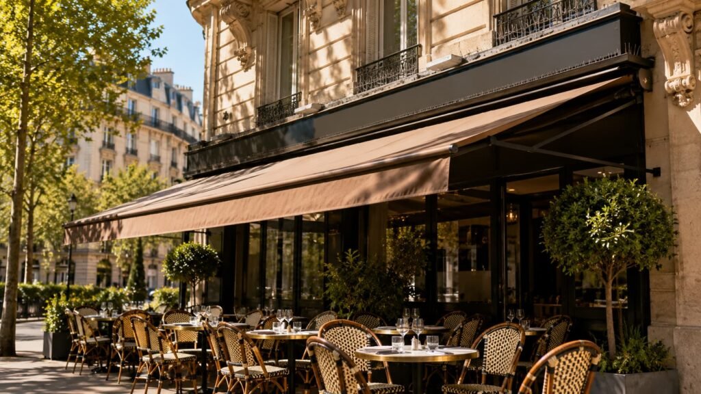 Terrasse de restaurant parisien protégée des pigeons, pics et fils installés en hauteur