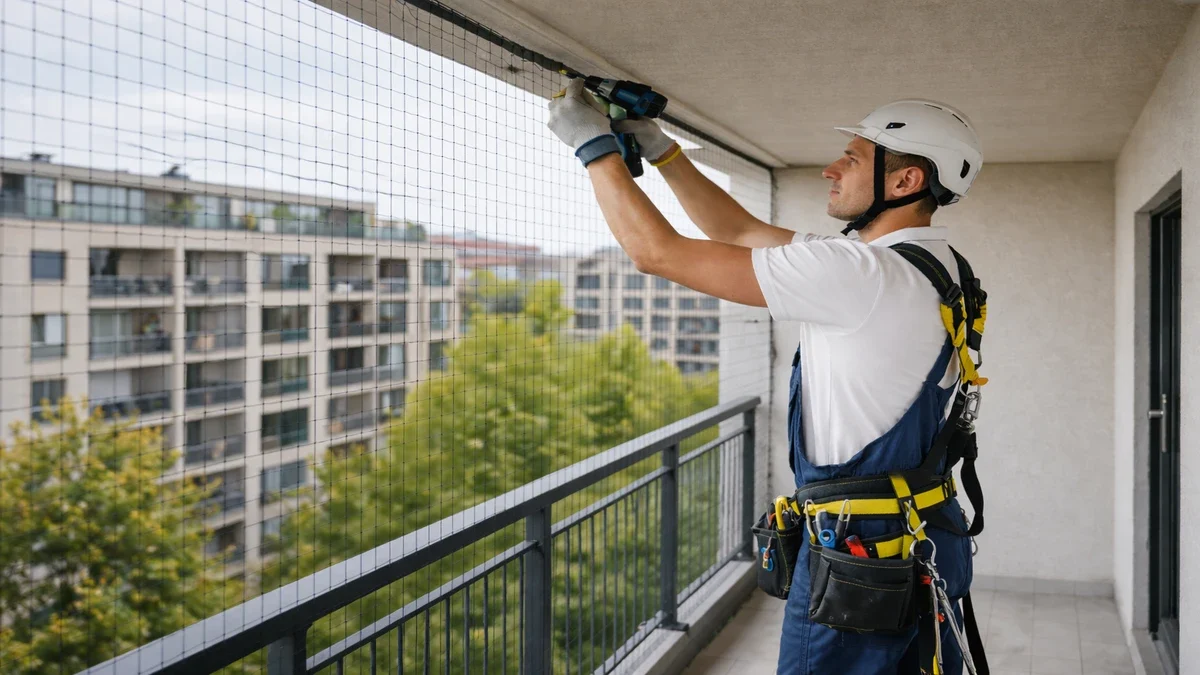 Technicien spécialisé en dépigeonnage installant un filet anti-pigeons sur un balcon d’immeuble.